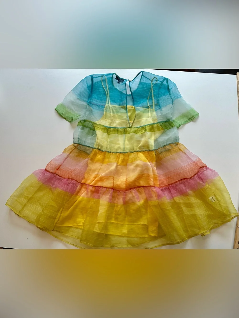 STAUD Rainbow Organza Tiered Mini Dress w/ Detachable Slip Size S
